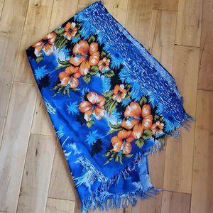 BEACH SCENE SARONG - VIBRANT BLUE PALM TREES WAVES & ORANGE HIBISCUS FLOWERS